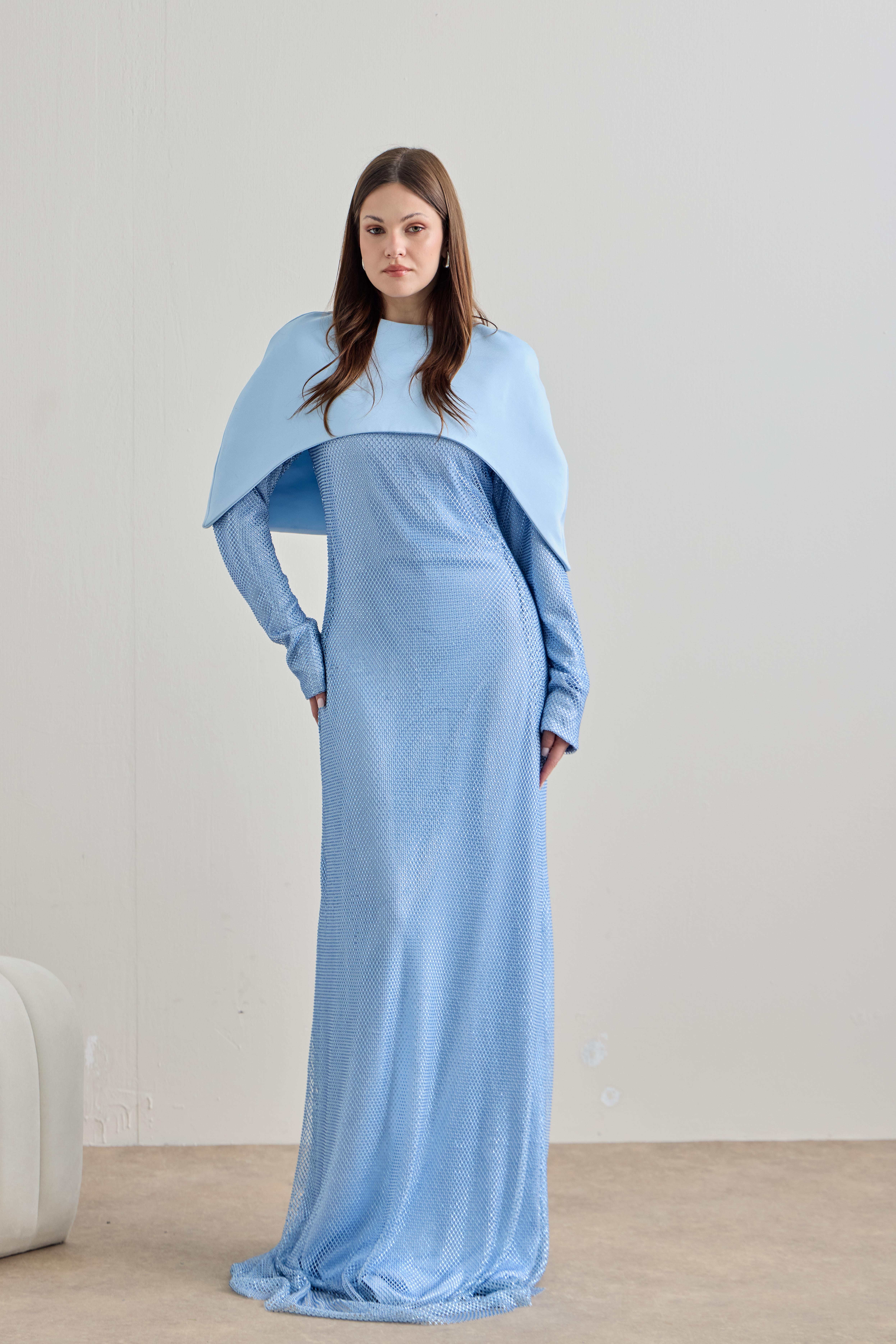 Pelerinli Taşlı File Elbise