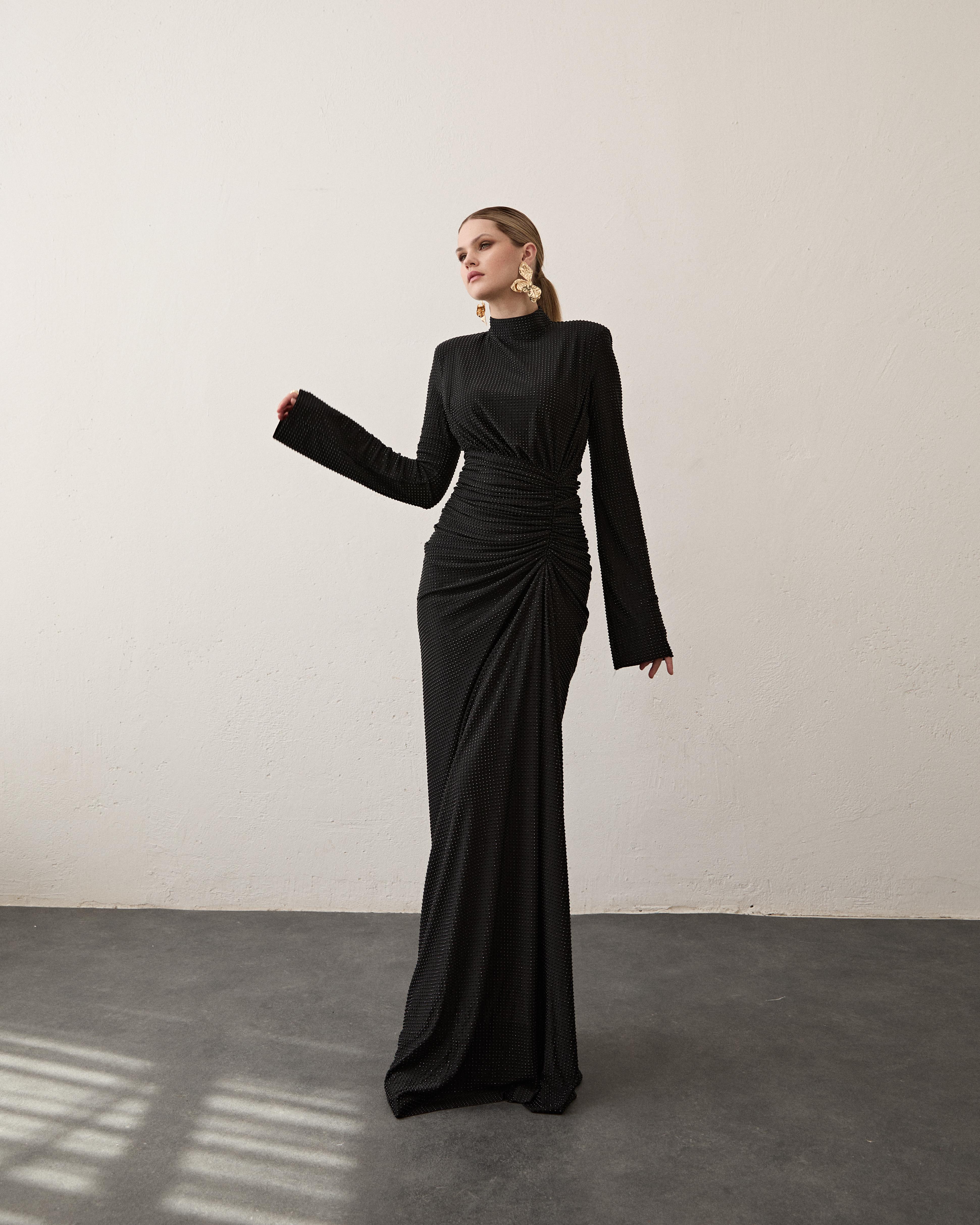 Taşlı Span Büzgü Elbise