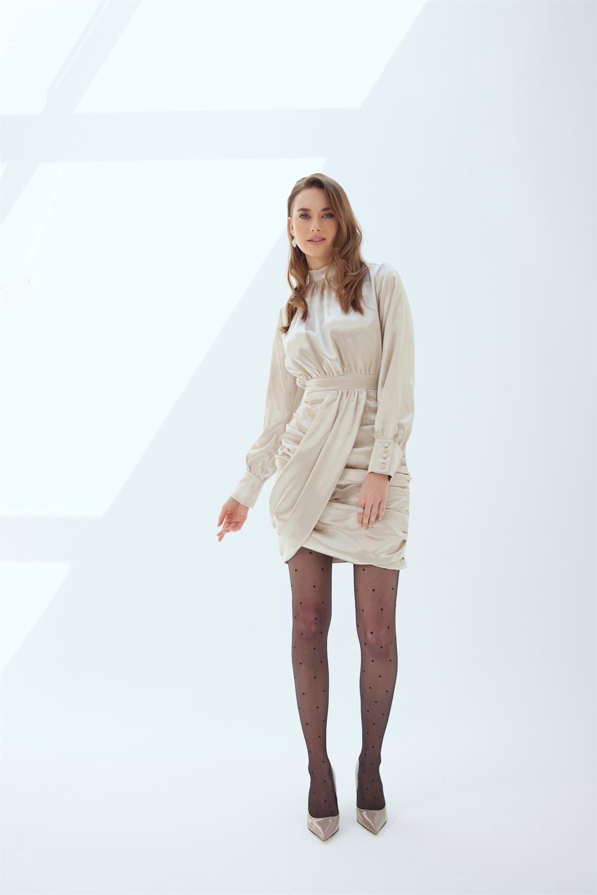 Bej Saten Mini Elbise