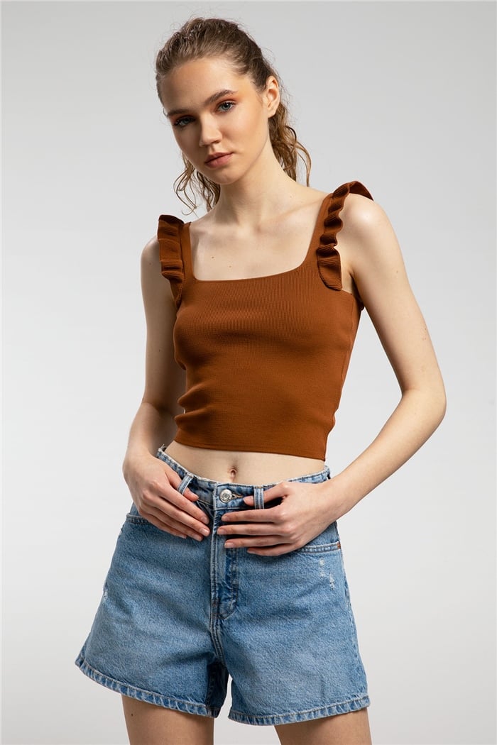 Avrile Askıları Fırfırlı Kare Yaka Triko Bluz  TABA  A91090-S
