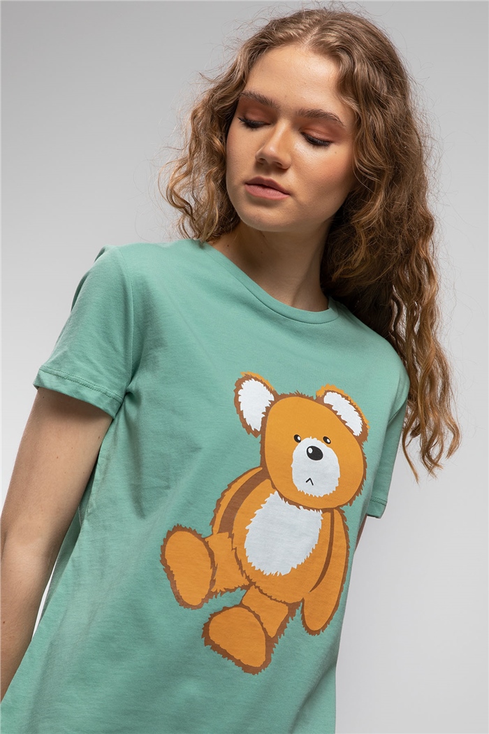 Avrile Ayıcık Baskılı T-Shirt  MİNT YEŞİLİ  A21-10433