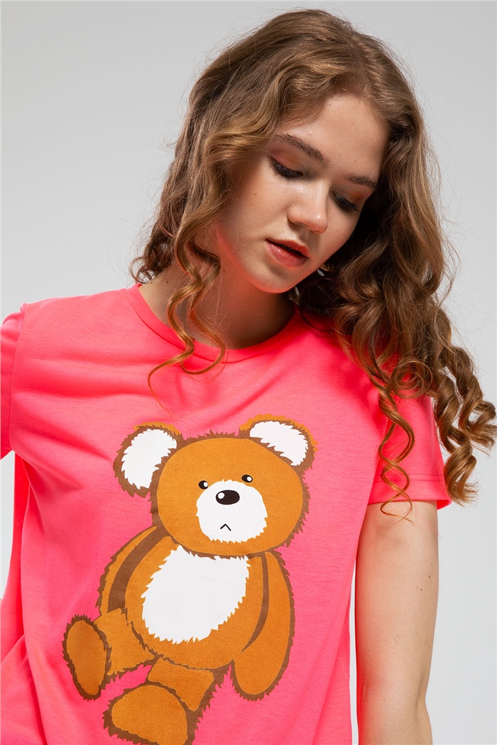 Avrile Ayıcık Baskılı T-Shirt  NEON FUŞYA  A21-10433