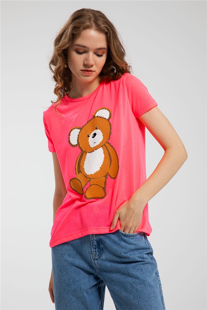 Avrile Ayıcık Baskılı T-Shirt  NEON FUŞYA  A21-10433