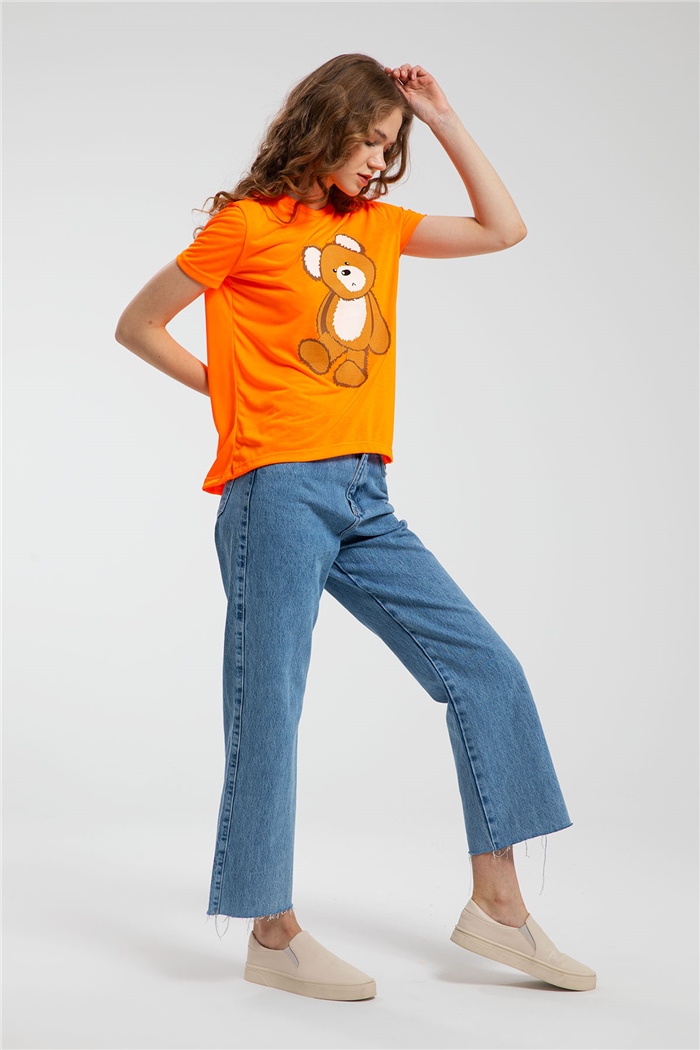 Avrile Ayıcık Baskılı T-Shirt  NEON ORANJ  A21-10433