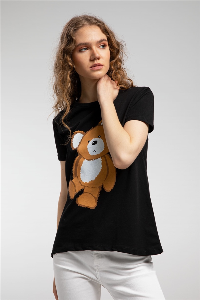 Avrile Ayıcık Baskılı T-Shirt  SİYAH  A21-10433