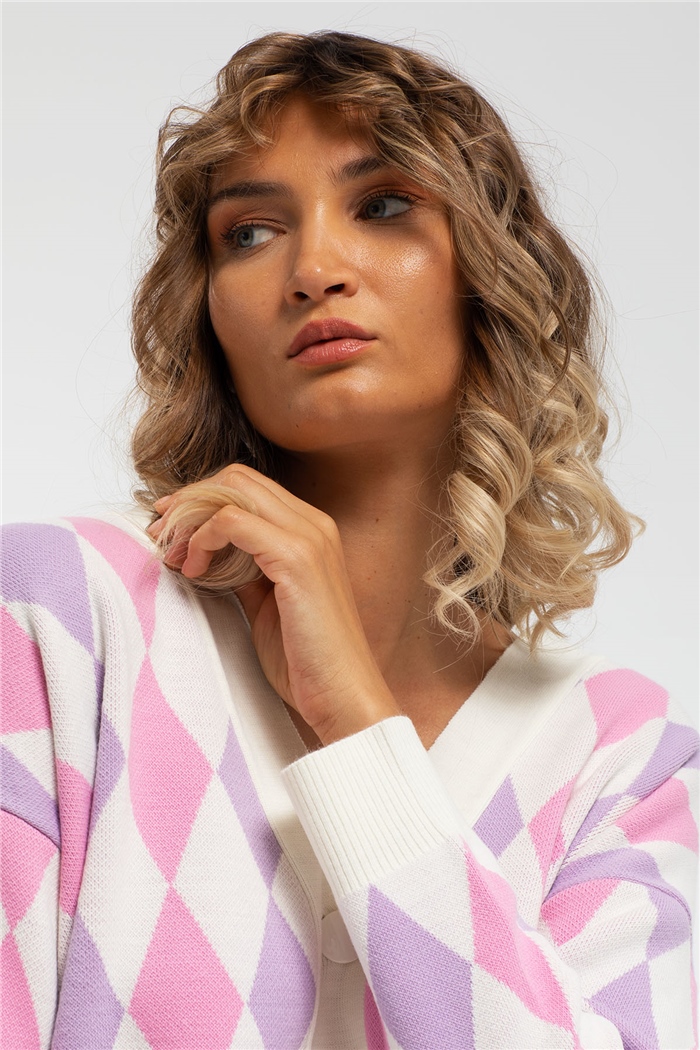 Avrile Baklava Desenli Triko Hırka  BEYAZ-PEMBE  A91824-S