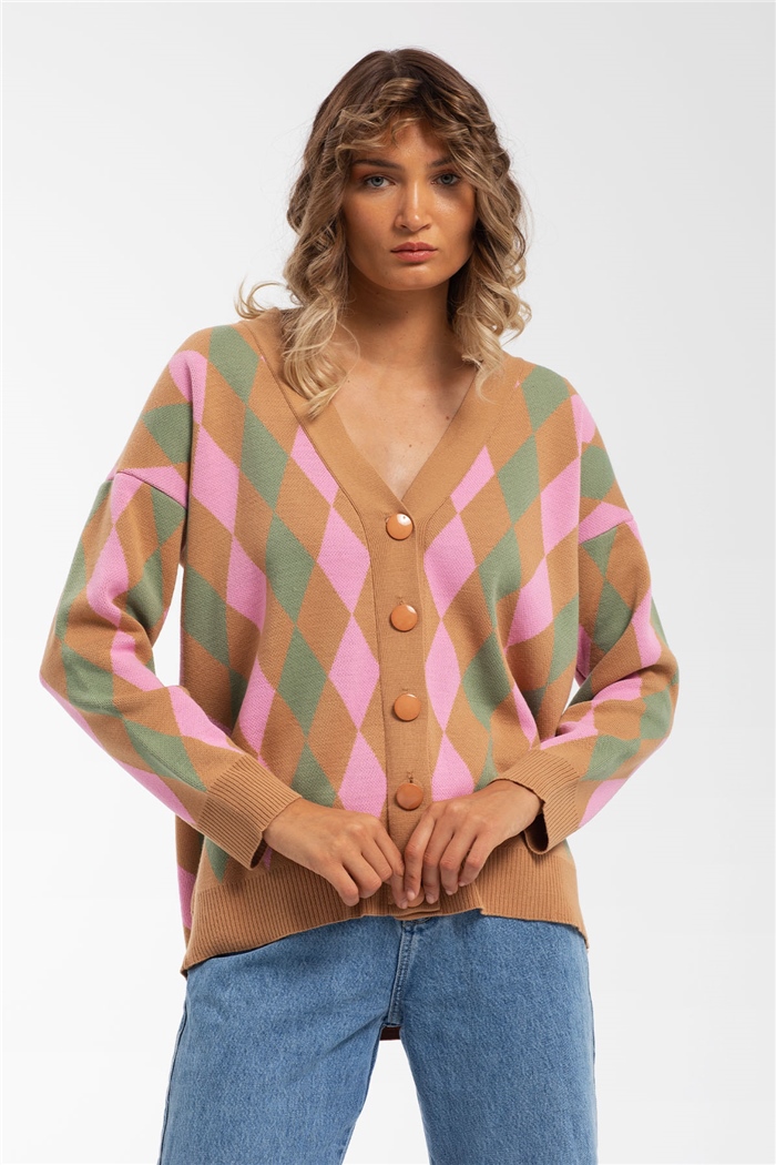 Avrile Baklava Desenli Triko Hırka  CAMEL-MİNT  A91824-S