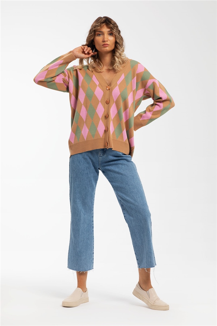 Avrile Baklava Desenli Triko Hırka  CAMEL-MİNT  A91824-S