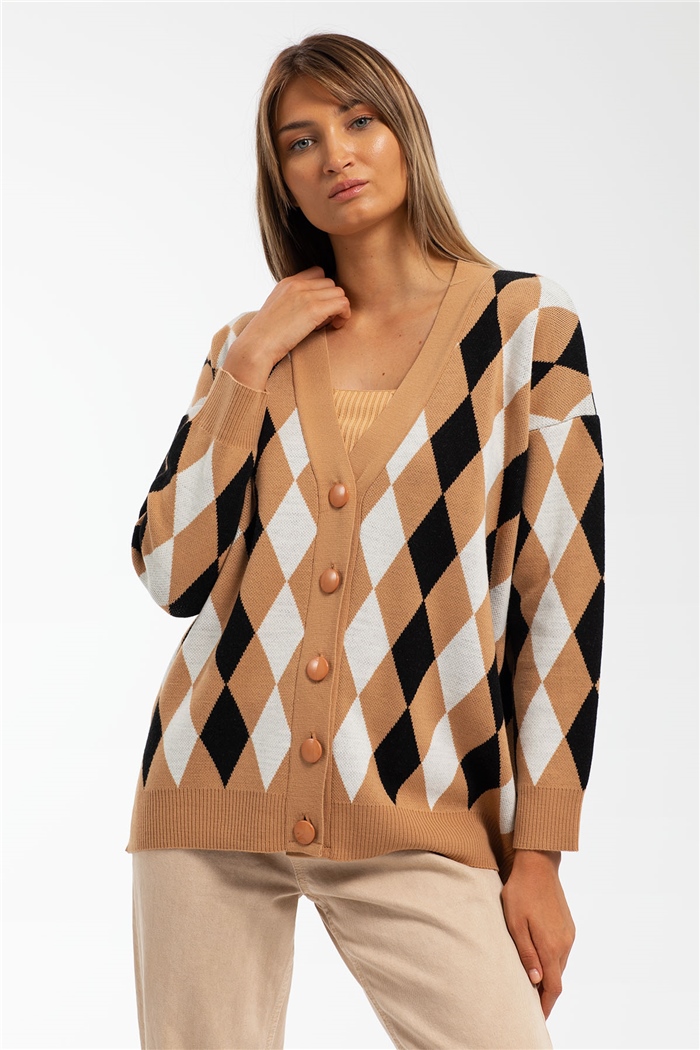 Avrile Baklava Desenli Triko Hırka  CAMEL-SİYAH  A91824-S