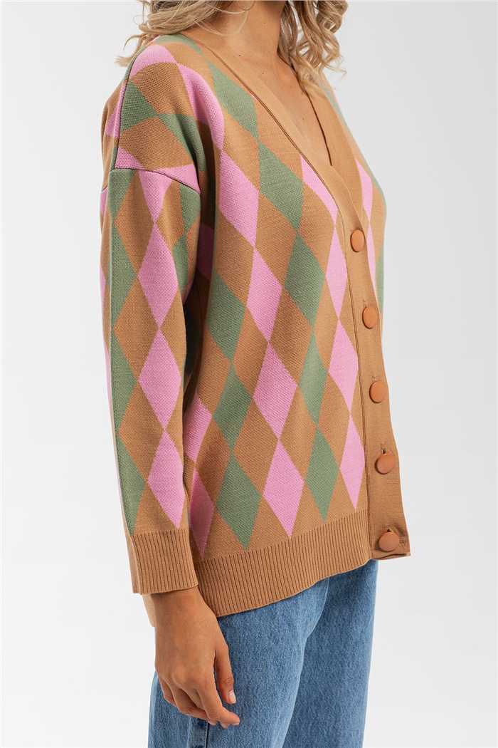 Avrile Baklava Desenli Triko Hırka  CAMEL-MİNT  A91824-S