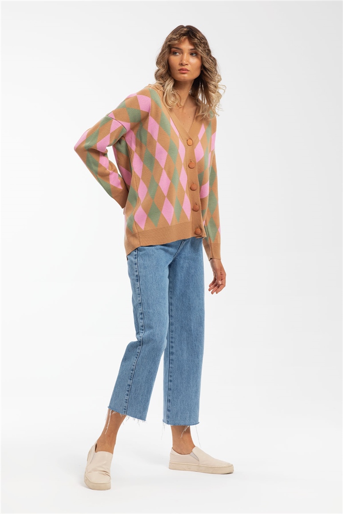Avrile Baklava Desenli Triko Hırka  CAMEL-MİNT  A91824-S