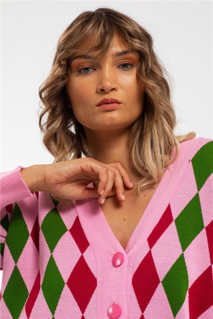 Avrile Baklava Desenli Triko Hırka  PEMBE-BORDO  A91824-S