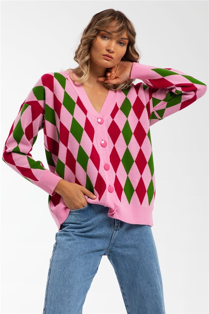 Avrile Baklava Desenli Triko Hırka  PEMBE-BORDO  A91824-S