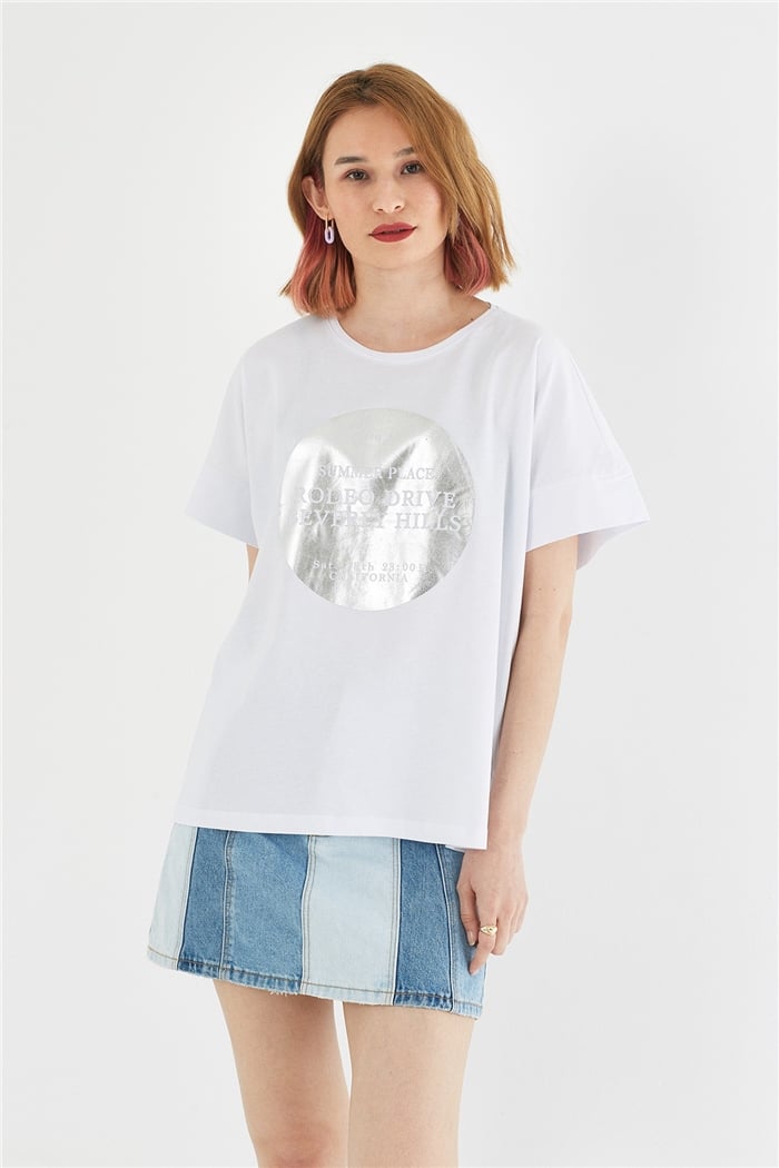 Avrile BASKILI T-SHIRT  BEYAZ  A22-10552