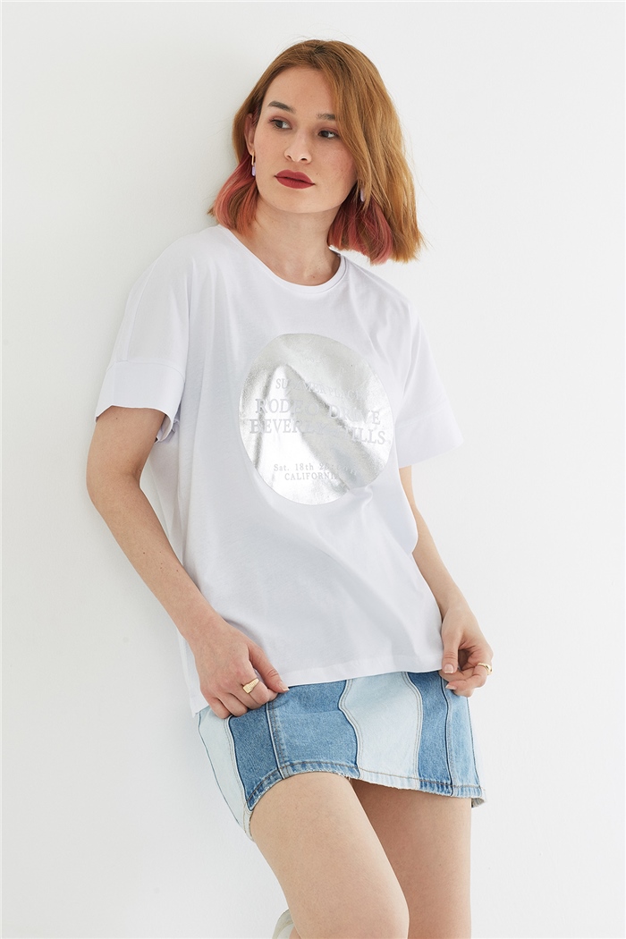 Avrile BASKILI T-SHIRT  BEYAZ  A22-10552