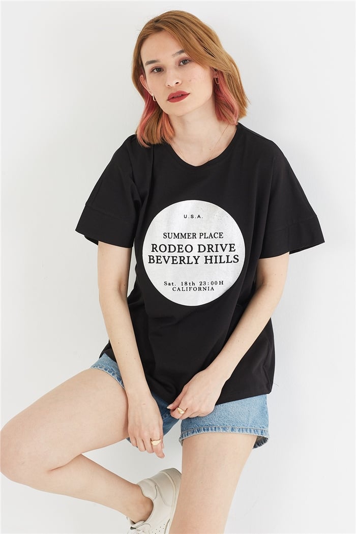 Avrile BASKILI T-SHIRT  SİYAH  A22-10552