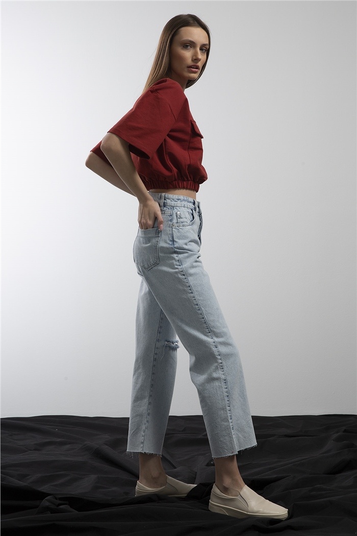 Avrile Beli Lastikli Cepli Crop Bluz  BORDO  A21-10356