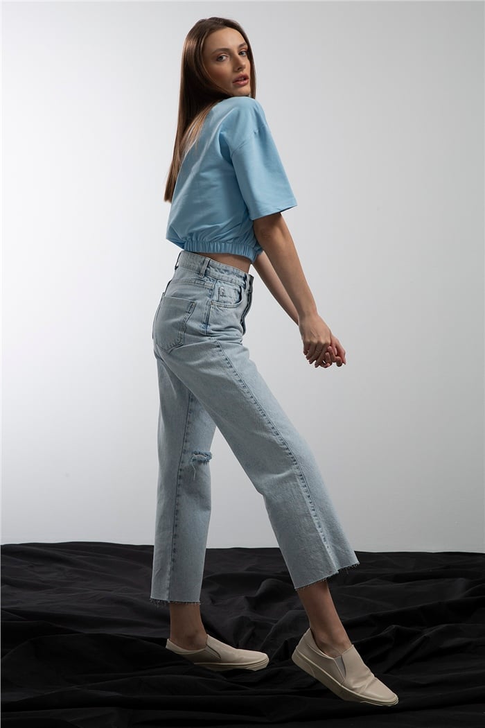 Avrile Beli Lastikli Cepli Crop Bluz  MAVİ  A21-10356