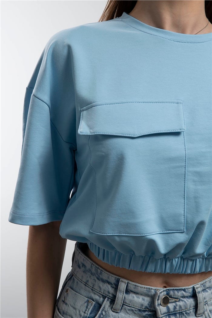 Avrile Beli Lastikli Cepli Crop Bluz  MAVİ  A21-10356