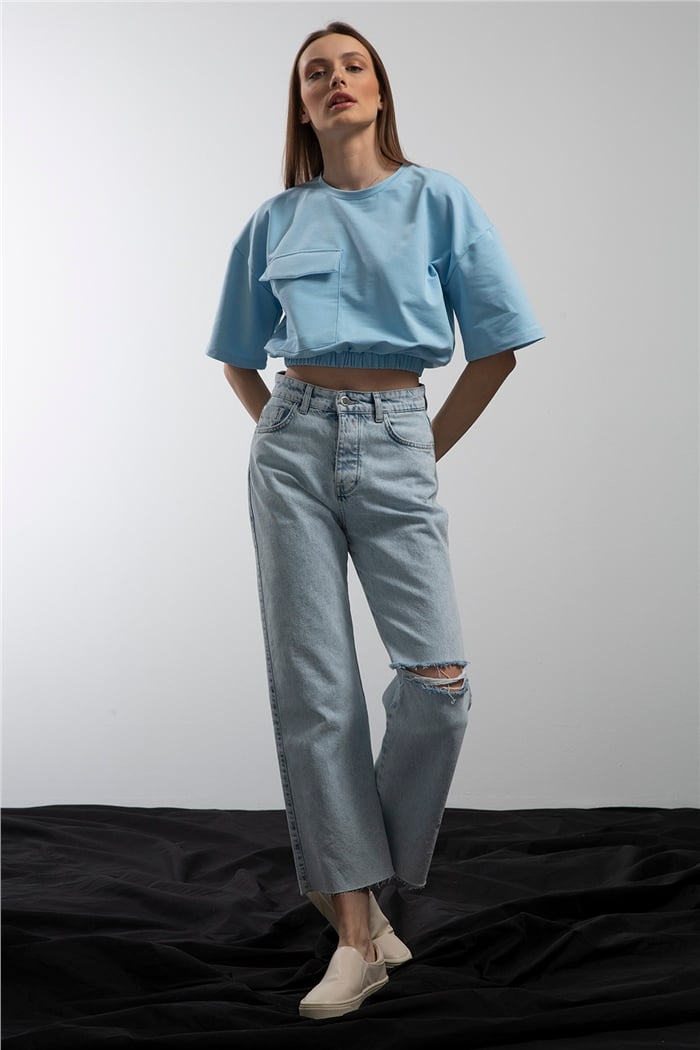 Avrile Beli Lastikli Cepli Crop Bluz  MAVİ  A21-10356