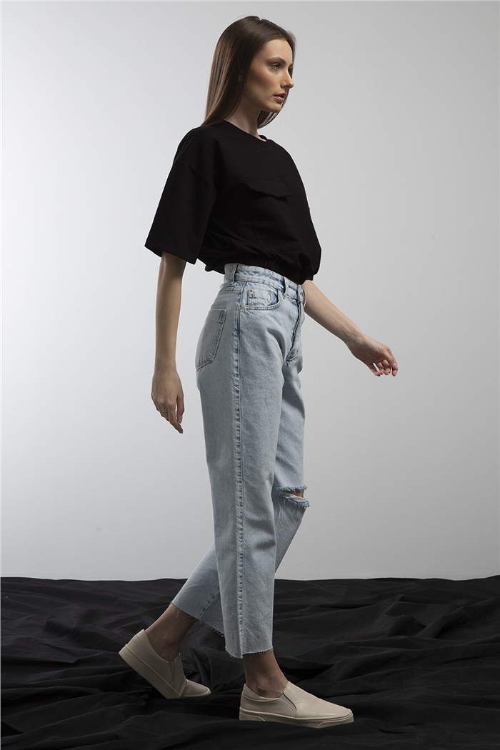 Avrile Beli Lastikli Cepli Crop Bluz  SİYAH  A21-10356