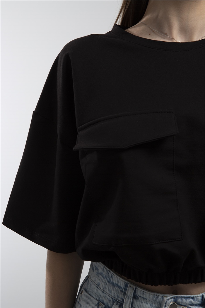 Avrile Beli Lastikli Cepli Crop Bluz  SİYAH  A21-10356