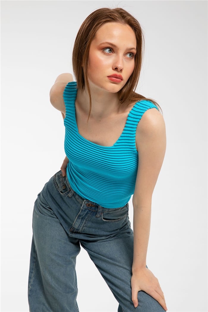 Avrile Biriktirme Örgülü Triko Bluz  AQUA  A91758-S