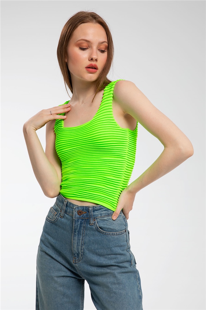 Avrile Biriktirme Örgülü Triko Bluz  NEON YEŞİLİ  A91758-S