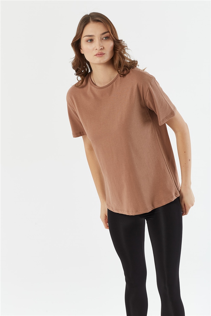 Avrile Bisiklet Yaka Basic T-shirt Kısa  KAHVE  A22-10528