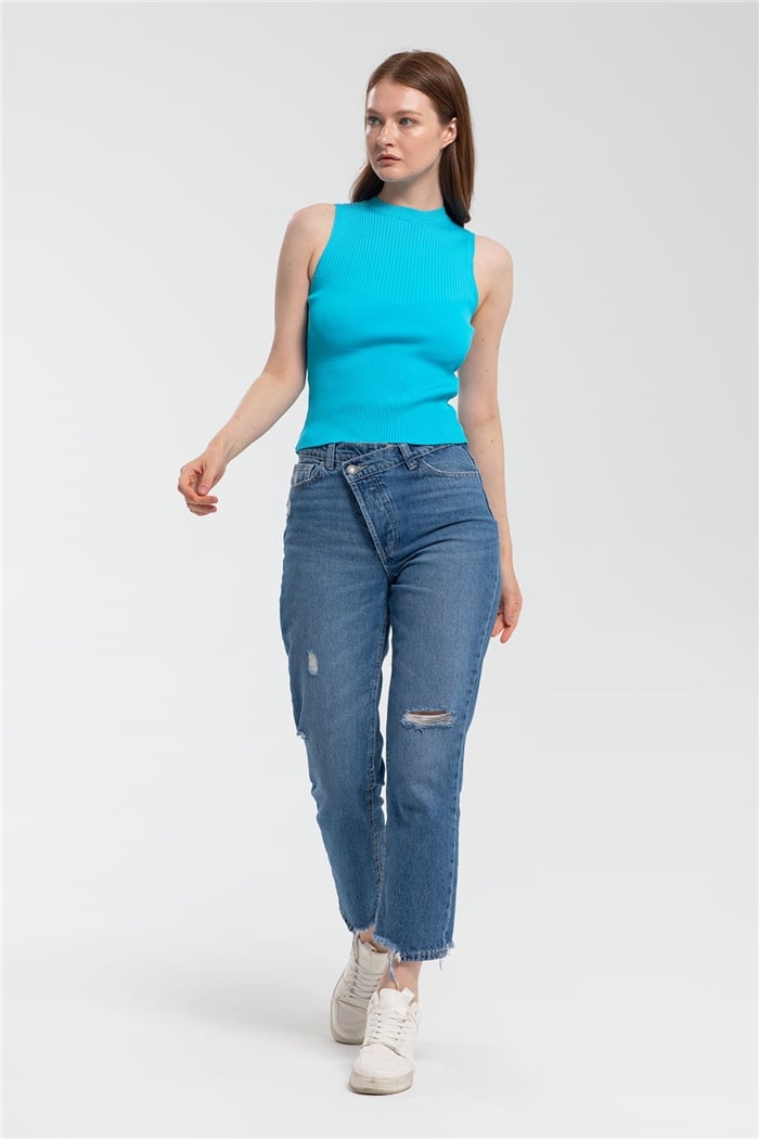 Avrile Bisiklet Yaka Fitilli Triko Atlet  AQUA  A91665-S