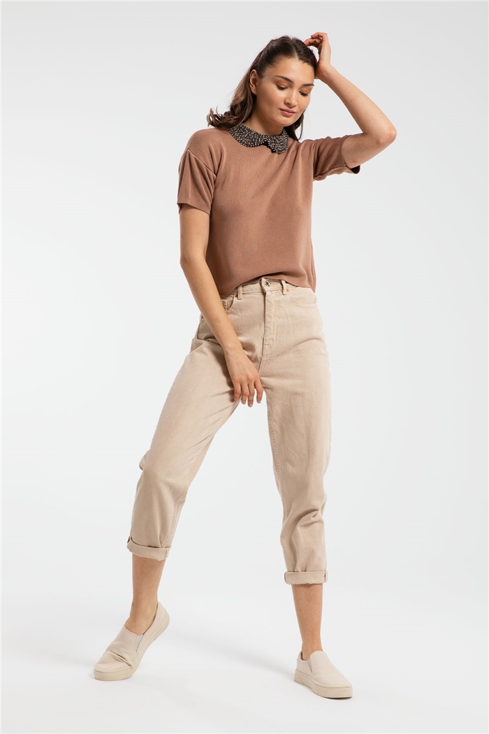 Avrile Boncuklu Yakalı Kısa Kollu Triko Kazak  CAMEL  A91670-S