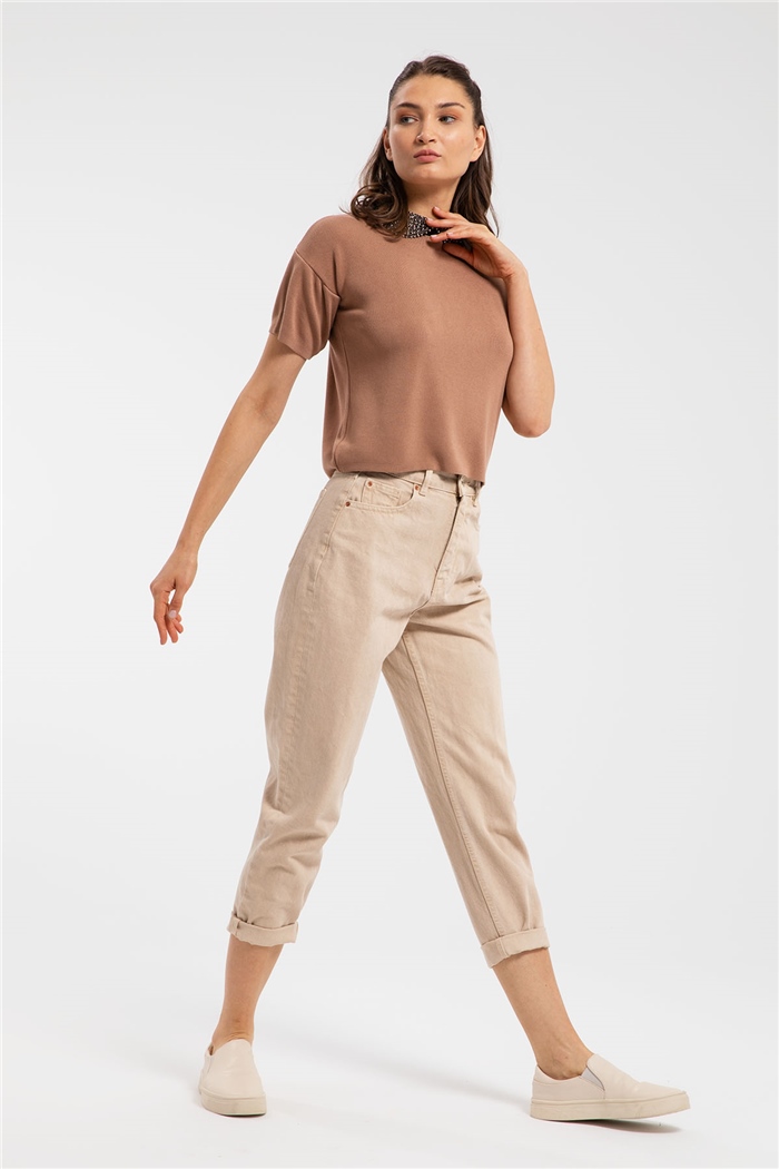 Avrile Boncuklu Yakalı Kısa Kollu Triko Kazak  CAMEL  A91670-S