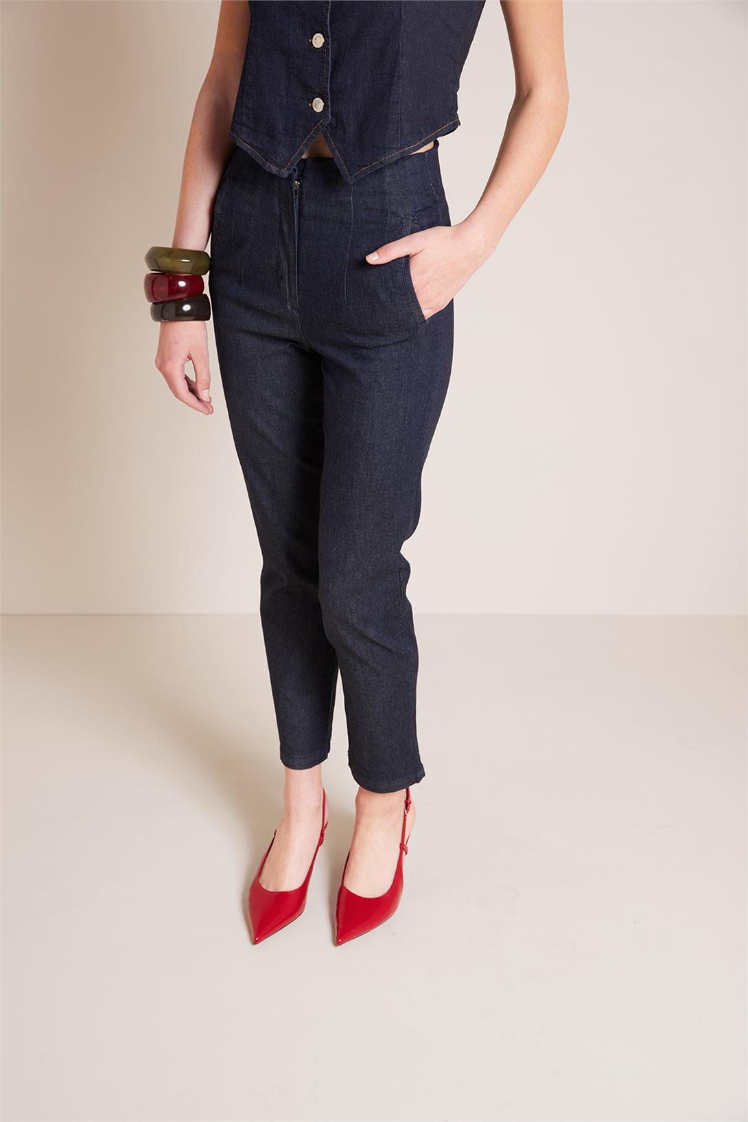 Avrile  CEPLİ YÜKSEK BEL DENIM PANTOLON LACİVERT A25-10369