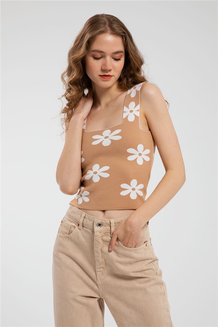 Avrile Çiçek Desenli Triko Atlet  CAMEL  A91772-S