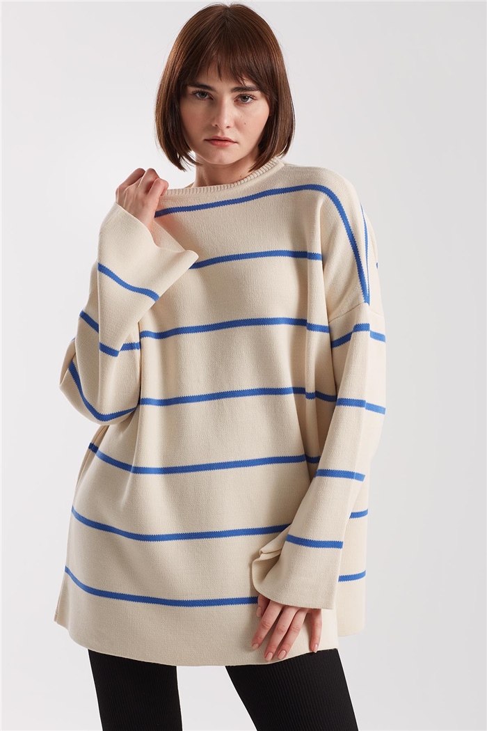 Avrile Çizgili Oversize Triko Kazak  KREM-İNDİGO  A91940-S
