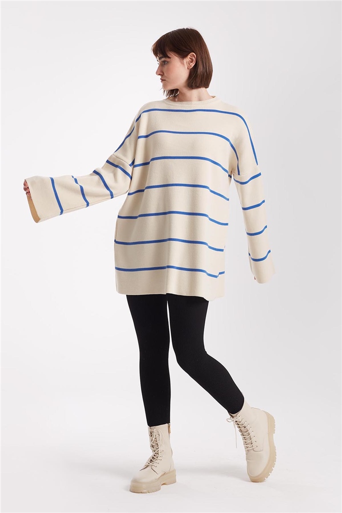 Avrile Çizgili Oversize Triko Kazak  KREM-İNDİGO  A91940-S