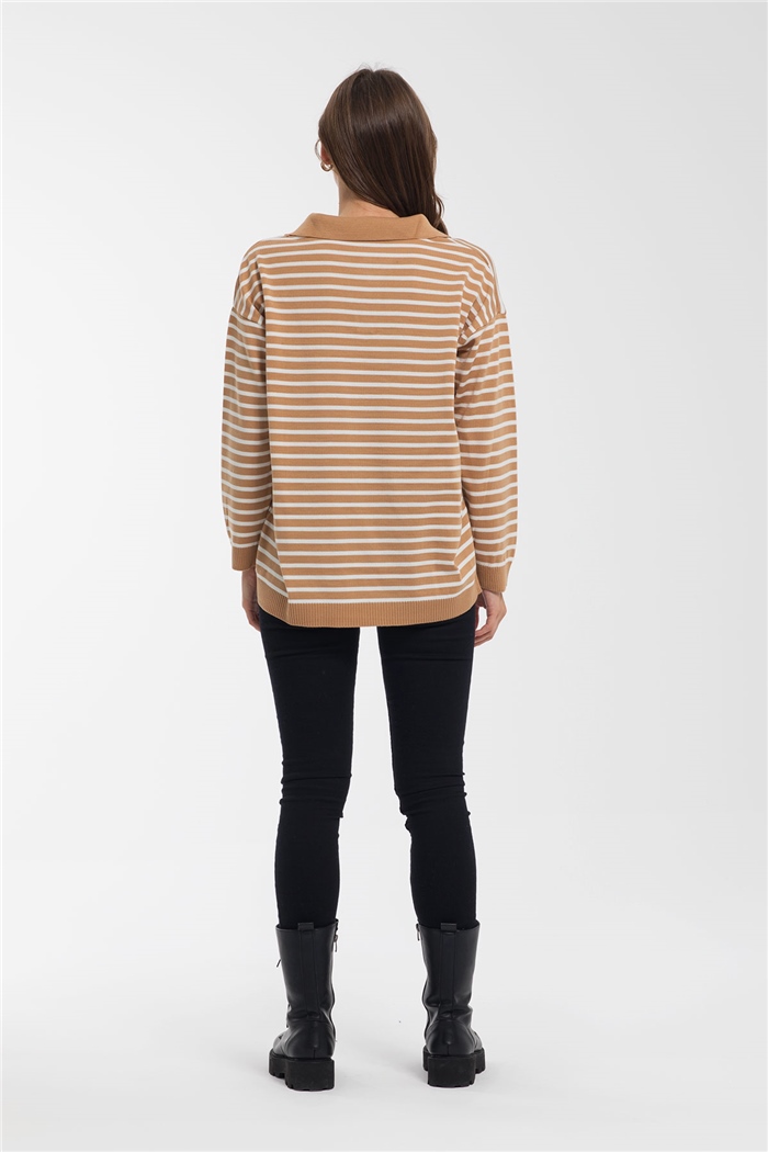 Avrile Çizgili Polo Yaka Salaş Triko Kazak  CAMEL-EKRU  A91899-S
