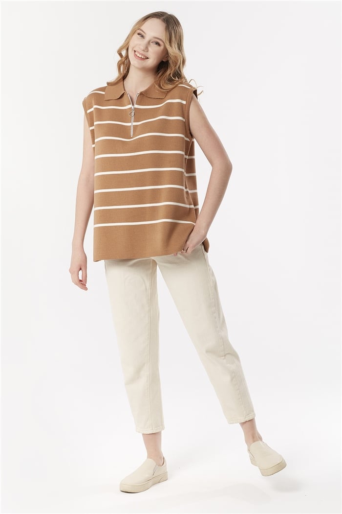 Avrile Çizgili Süveter  CAMEL-EKRU  A92007-S