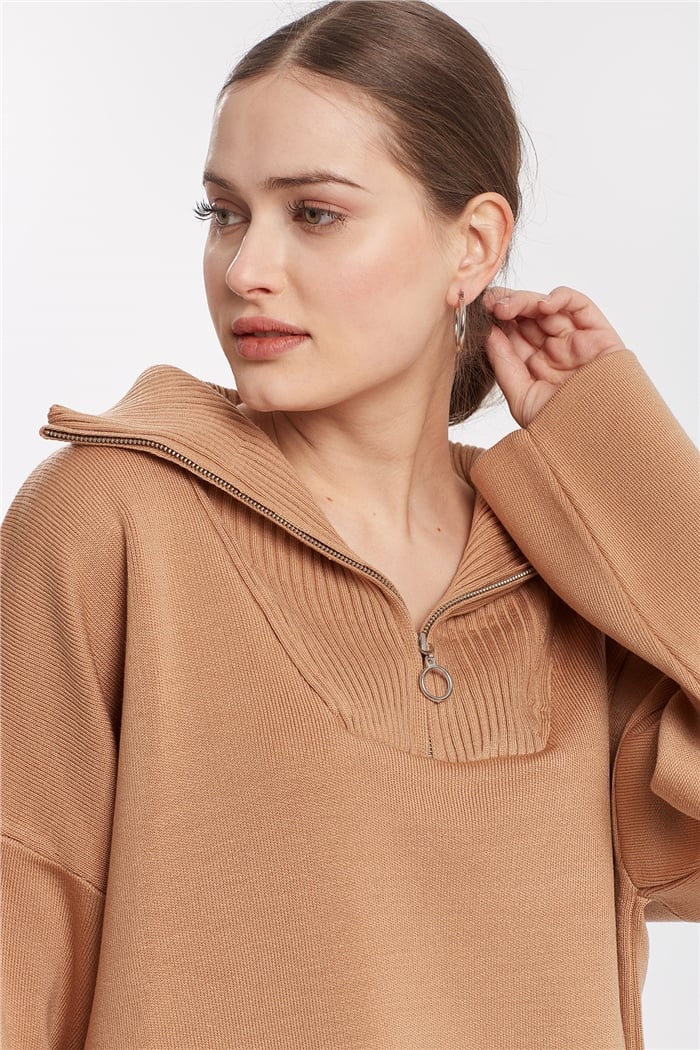 Avrile Fermuarlı Yırtmaçlı Triko Tunik  CAMEL  A91974-S
