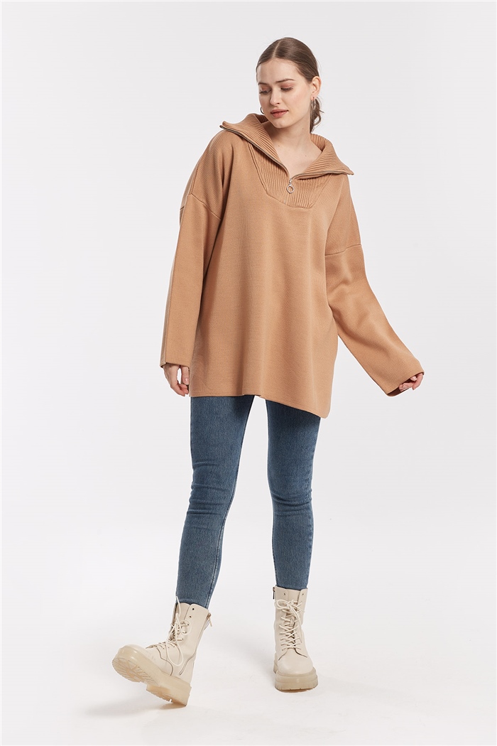 Avrile Fermuarlı Yırtmaçlı Triko Tunik  CAMEL  A91974-S