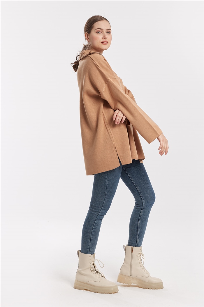 Avrile Fermuarlı Yırtmaçlı Triko Tunik  CAMEL  A91974-S