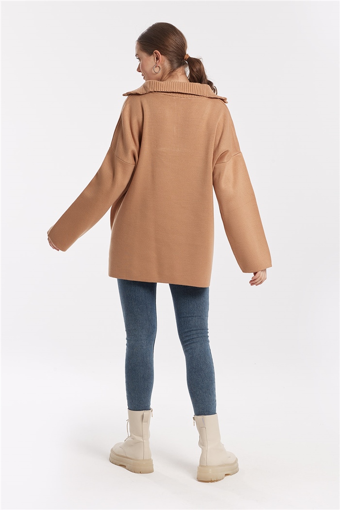 Avrile Fermuarlı Yırtmaçlı Triko Tunik  CAMEL  A91974-S