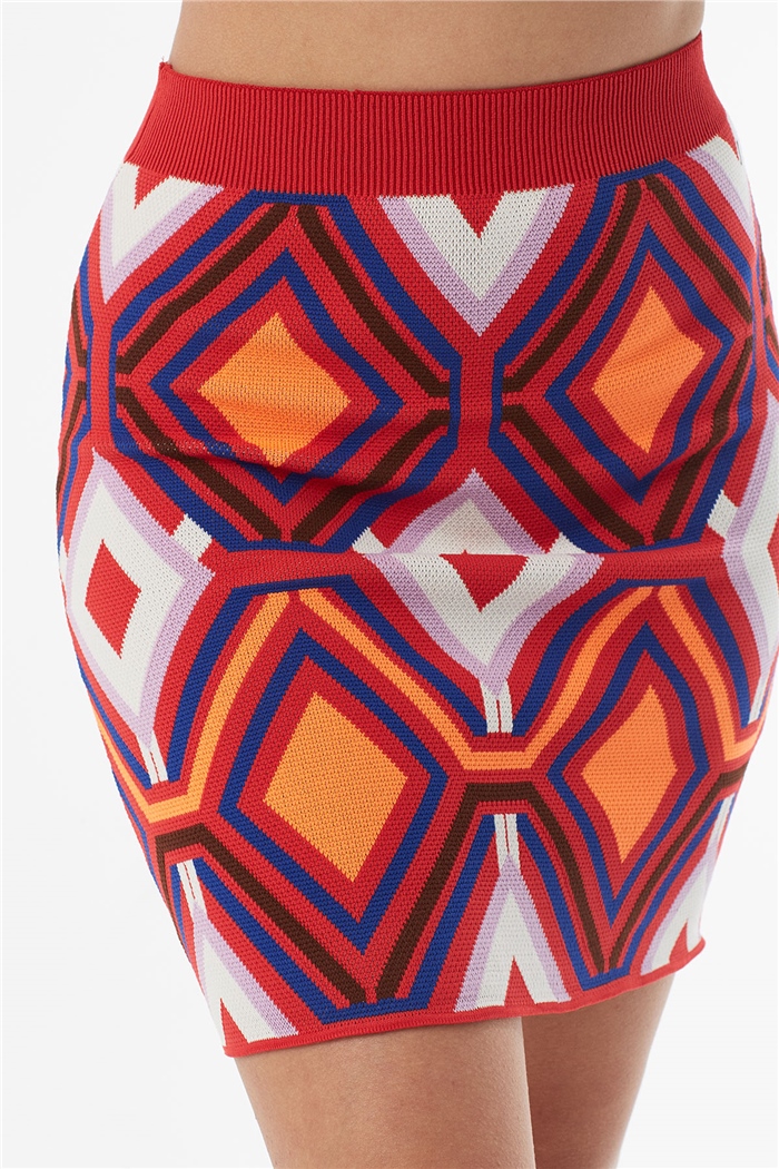 Avrile Geometrik Desenli Triko Etek  KIRMIZI  A92075-S