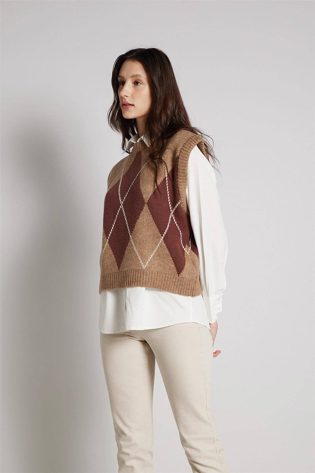 Avrile  Gömlekli Baklava Desen Süveter CAMEL-KAHVE A92609-S