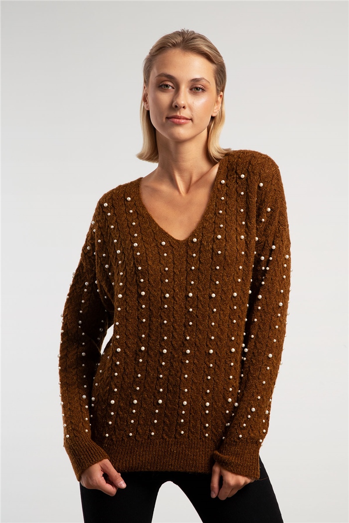 Avrile İncili Saçlı V Yaka Triko Kazak  CAMEL  A91428-S