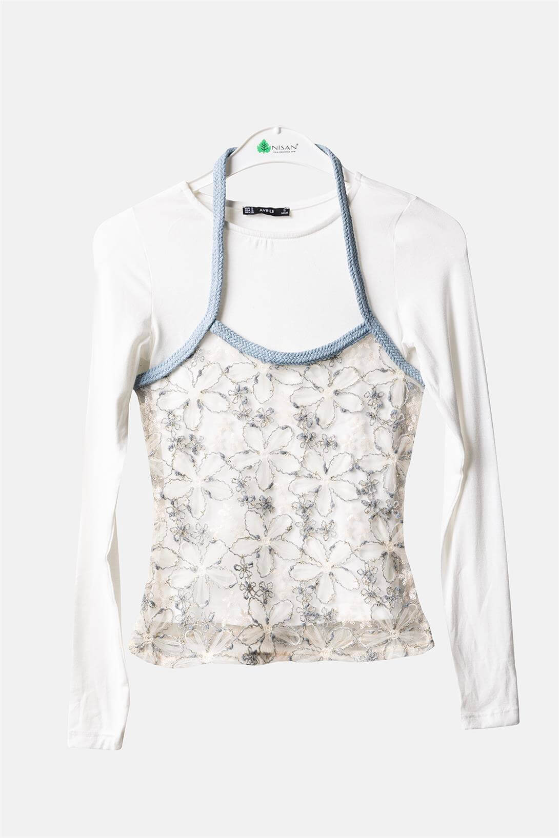 Avrile  İŞLEMELİ TÜL DETAYLI UZUN KOLLU T-SHIRT İNDİGO A25-10366