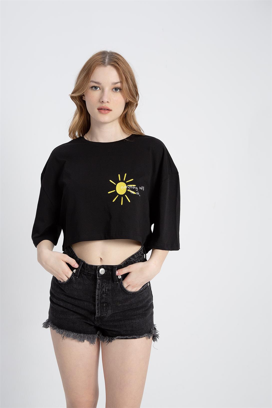 Avrile Kadın Baskılı Crop T-Shirt SİYAH A23-10103