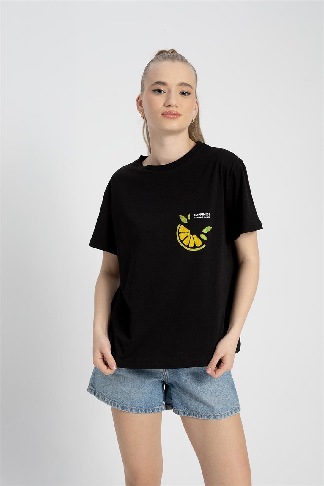 Avrile Kadın Baskılı T-Shirt SİYAH A23-10107