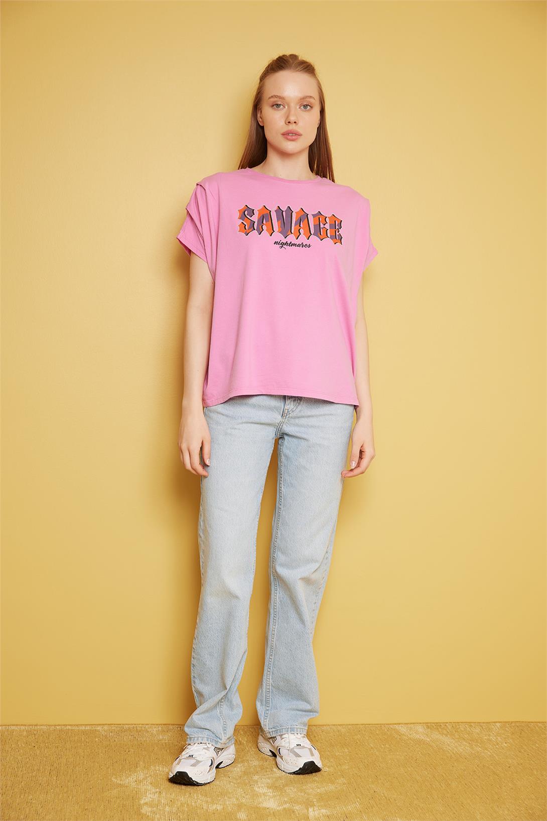 Avrile Kadın BASKILI TAŞ DETAYLI  T-SHIRT PEMBE A24-10281