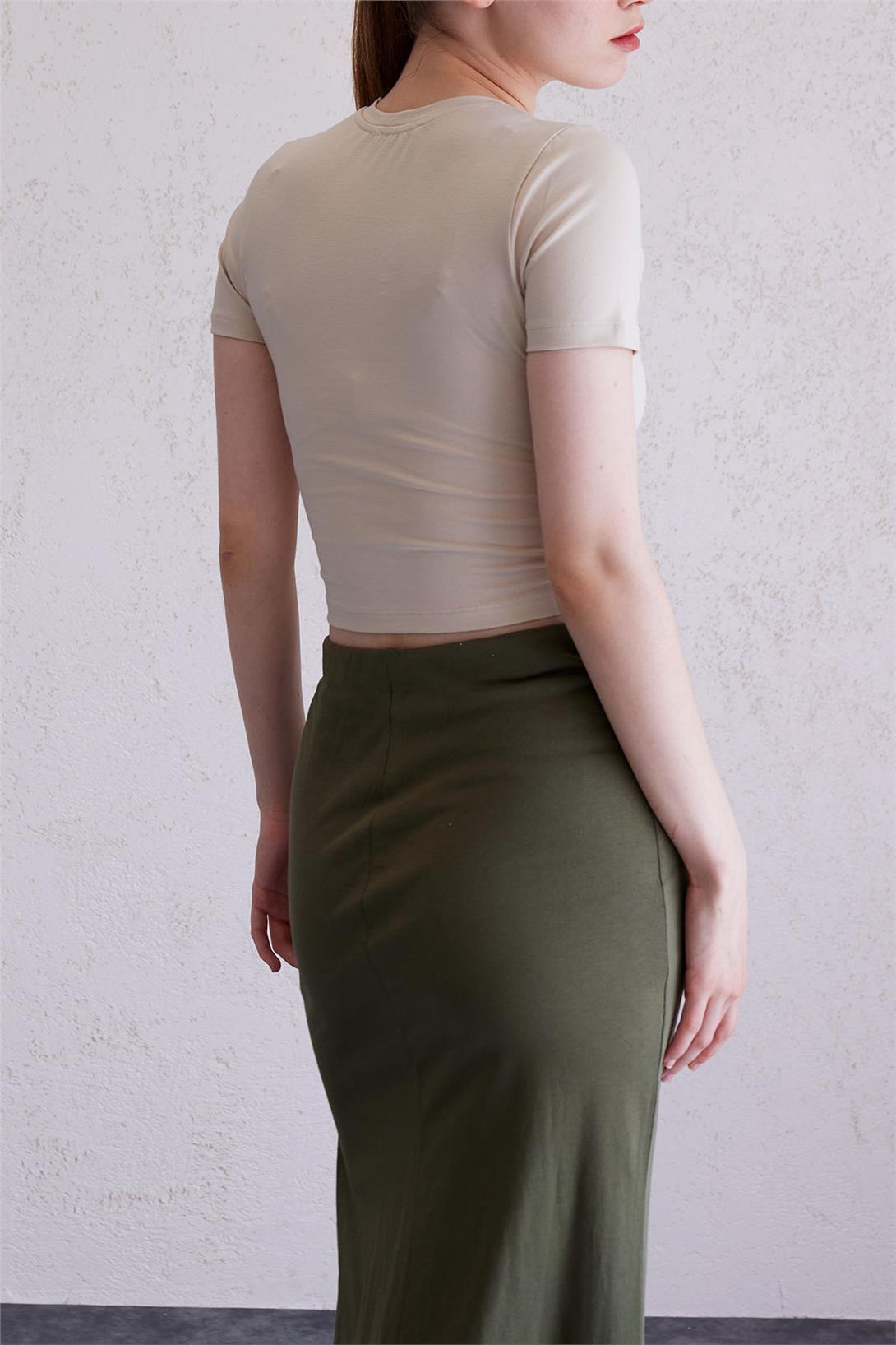 Avrile Kadın Bisiklet Yaka Crop T-Shirt BEJ MA23-1020